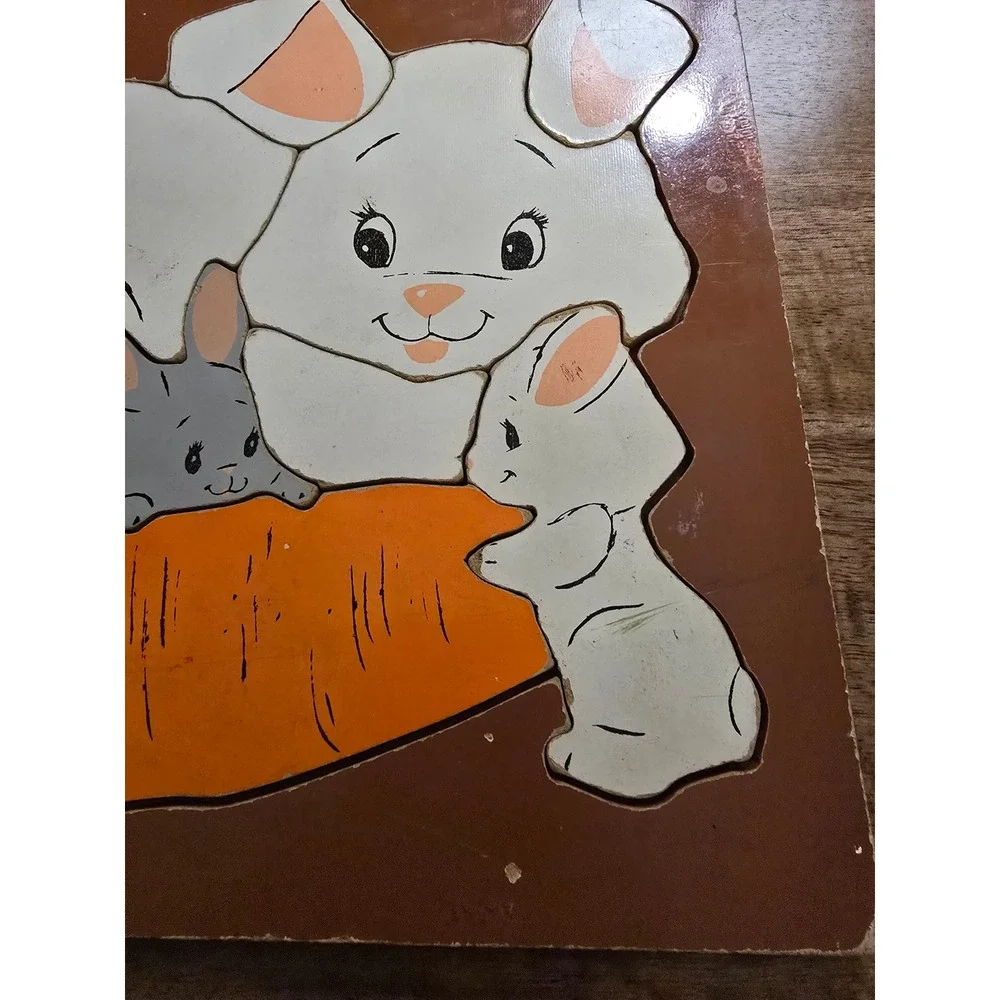 Vintage Playskool Wooden‎ Inlay Puzzle Rabbits Bunnies Carrot 13 Pieces